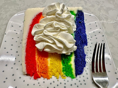 Slice of rainbow cake on a plate with a fork