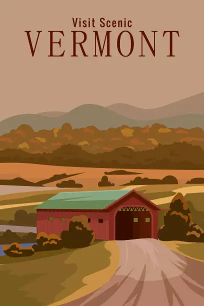 Vector illustration of Vermont USA Travel Poster, autumn rural landscape