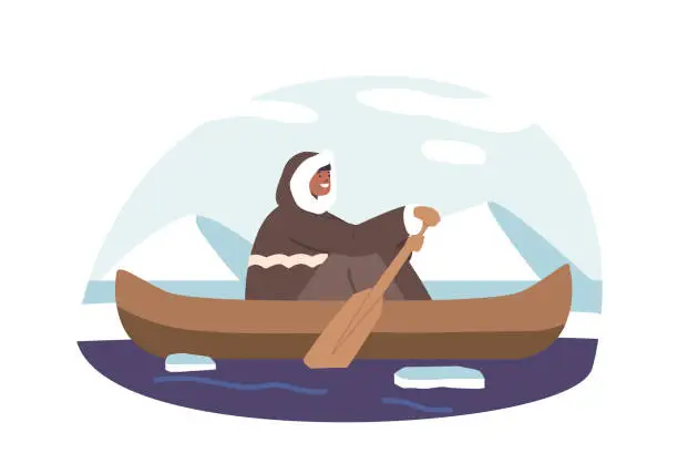 Vector illustration of Indigenous people Character Navigates Boat Through Icy Waters, Showcasing Their Intimate Connection With The Arctic Environment