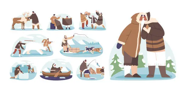 Vector illustration of Set of Indigenous people Characters Lifestyle. Inuit People Sewing Fur Clothes, Contact with Deer, Riding Boat and Dog Sled