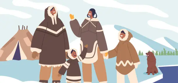 Vector illustration of Indigenous people Family Characters, Bundled In Warm Attire And Dog, Stands By Their Traditional Yurt, Cheerfully Waving Hands