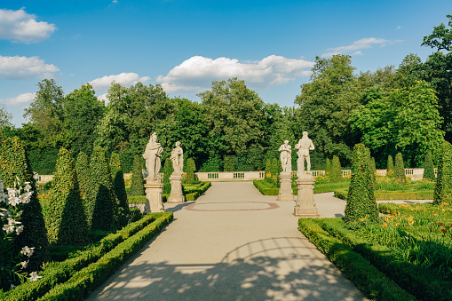 Warsaw, Poland - July 15, 2023. Wilanow Palace park and garden in Warsaw, Poland - a baroque royal palace located in the Wilanów district.