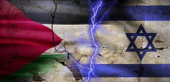 Palestine vs Israel flag on cracked wall. Israel and Palestine war concept