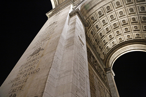 Detail of the Washington Square Arch at night in winter, Manhattan, New York