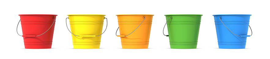 Colorful row of buckets on a white background.