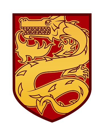 Stylized golden Chinese dragon with fire coming out of its mouth, on a red background framed in the shape of a shield