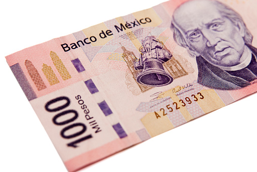 A bill of $1000 Mexican pesos on white background.