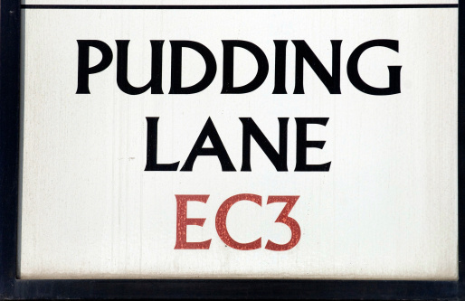The world famous pudding lane street sign in London. This is where the great fire of London started. EC3 is the postal area code.