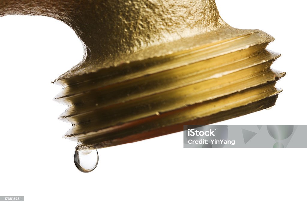 Leaking Faucet Subject: Close-up of a drop of water from a faucet. Isolated on a white background. Faucet Stock Photo