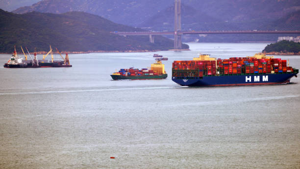 Hong Kong- October 11 2023:  HMM container in harbor, Hyundai Merchant Marine is a Korean container transportation company with headquarters in Seoul