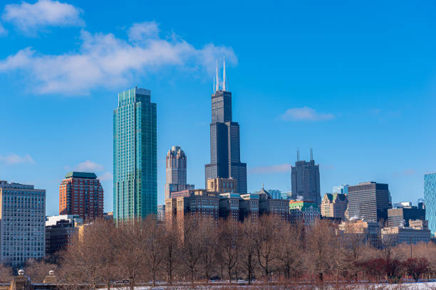Chicago skyline viewed during the day in winter stock photo