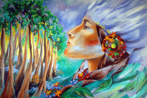 Original acrylic illustration by Jenny Speckels of a Native American woman in a headdress looking toward a forest.