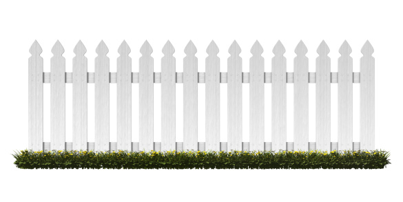 Section of picket fence with grass on a white background.Could be useful in a spring or summer composition.This is a detailed 3d rendering.