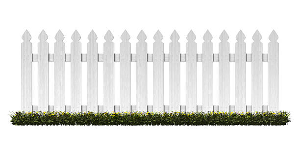 Picket Fence Section of picket fence with grass on a white background.Could be useful in a spring or summer composition.This is a detailed 3d rendering. picket fence stock pictures, royalty-free photos & images