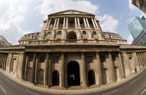 A very wide angle shot of the bank of England in London.