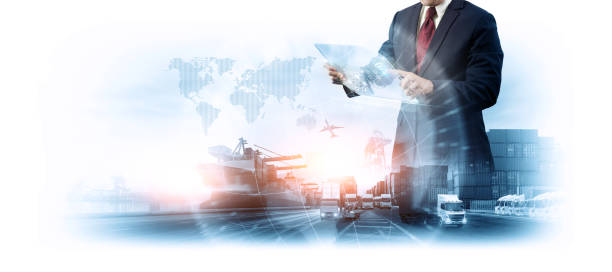 istock Businessman holding virtual interface panel of global logistics network distribution and transportation, Smart Global Logistics international delivery concept, World map with logistic network distribution on background 1738201958