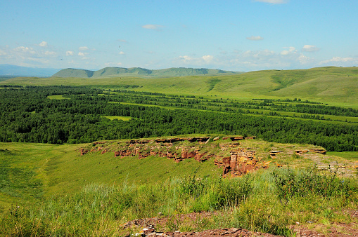 The remains of an ancient stone wall running along the slope of a high hill in the steppe with fragments of a dense forest at the foot of the mountains on a summer day. Mountain range Chests, Khakassia, Siberia, Russia.
