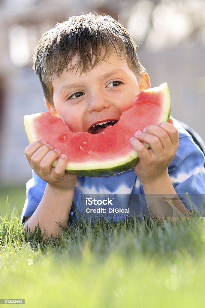 Petit garçon manger pastèque - Photo de 4-5 ans libre de droits