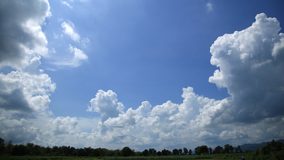 A summer sky in daytime with many clouds. Panoramic skyscape in 1:3 format.