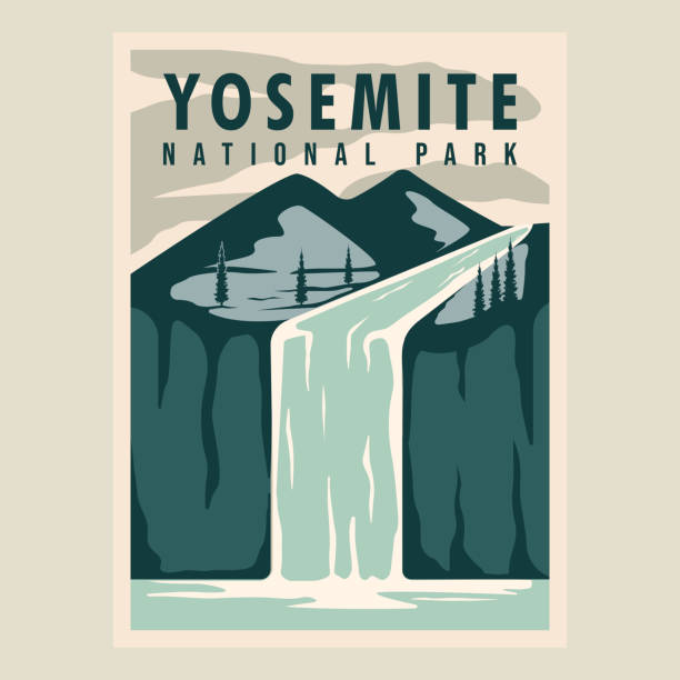 yosemite national park poster vector illustration template graphic design. waterfall in nature with mountain landscaped banner and sign for travel and tourism business concept