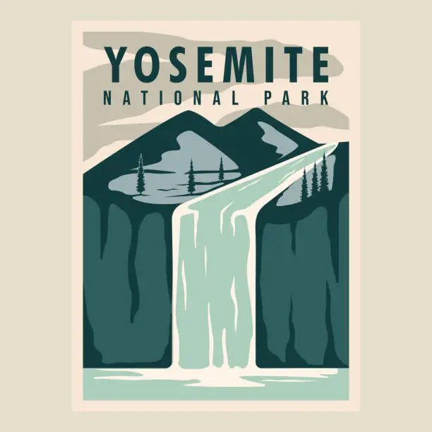 Vector illustration of yosemite national park poster vector illustration template graphic design. waterfall in nature with mountain landscaped banner and sign for travel and tourism business concept