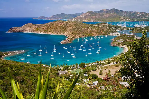 "English Harbour, Antigua in the Caribbean is a famous location as a hurricane hole and Nelson's dockyard.  Falmouth Harbour is in the background."