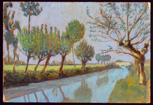 Framed acrylic sketch depicting a woman with umbrella against a natural landscape with a pond and trees. Traditional landscape painting.