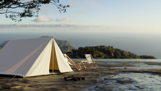 A tent with deck chairs by the beautiful lake. Camping area, campsite, nature exploration. 3d render, 3d illustration