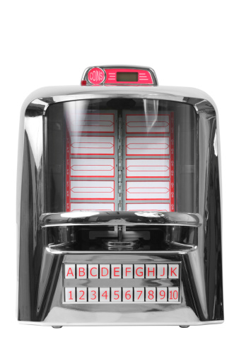 Tabletop jukebox on white background.