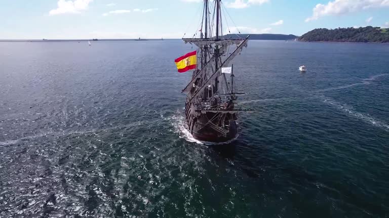 El Galeón Andalucía Sails into Plymouth Sound City Harbor, Aerial Drone Shot.