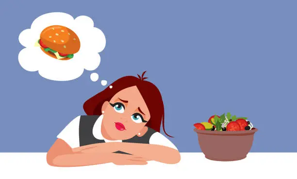 Vector illustration of Woman with a Diet Salad Thinking of a Burger Vector Character