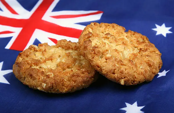 Photo of Australian Anzac Biscuits resting on Australian Flag