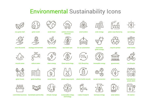 Black color Environmental Sustainability Icons Set of 40 thin line icons designed with suitable visuals for Environmental Sustainability energy ecology simple symbol collection. vector illustration. message of nature stock illustrations