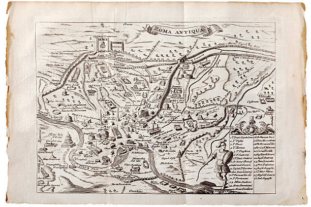 Antique Map of Ancient Rome, 1746 "Vintage map of the city of ancient Rome featuring many historical structures including the Colosseum, Pantheon, Trajan's Column, Circus Maximus and the Palatine. From an early book of Roman Antiquities dated 1746...." ancient roman civilization stock illustrations
