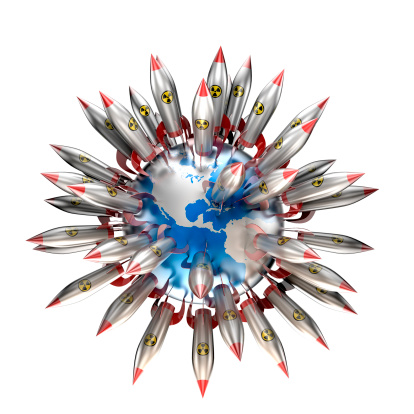 High quality 3d render of stylized nuclear warheads on globe with clipping path