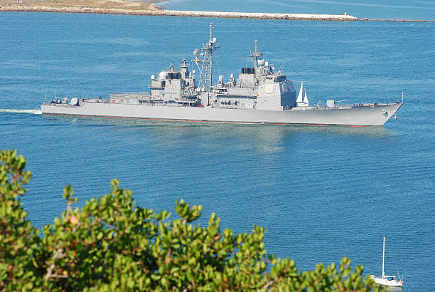 istock Modern Warship Leaving Port 173829943