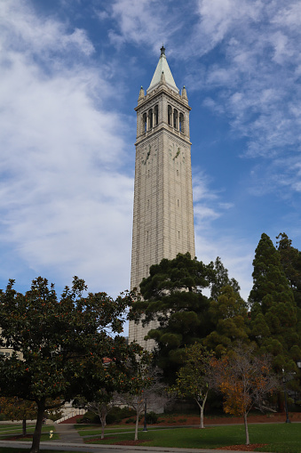 Berkeley, CA, USA - November 11, 2022. The Campanile of UC Berkeley (Sather Tower) against sky, San Francisco, USA.