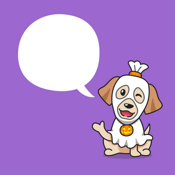 istock Cartoon labrador retriever dog with halloween costume and speech bubble 1738306047