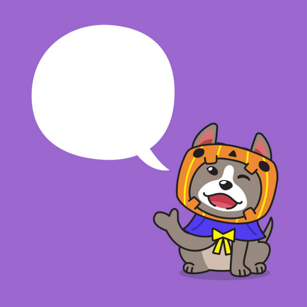 Cartoon pit bull terrier dog with halloween costume and speech bubble Cartoon pit bull terrier dog with halloween costume and speech bubble for design. cartoon devil with speech bubble stock illustrations