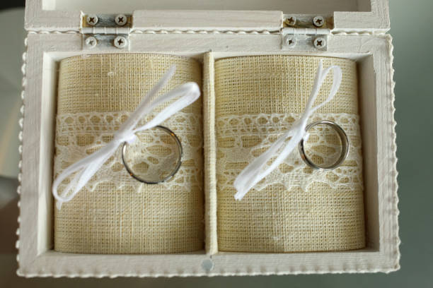 istock Open wood jewelry box with Mr and Mrs text containing wedding rings 1738307609