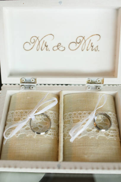 Open wood jewelry box with Mr and Mrs text containing wedding rings