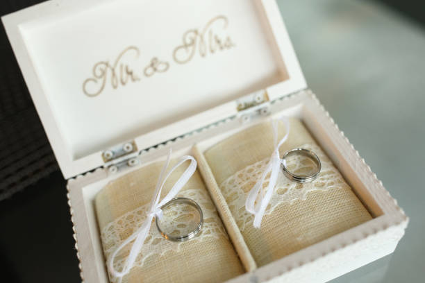 open wood jewelry box with mr and mrs text containing wedding rings - wedding anticipation togetherness wedding ring imagens e fotografias de stock