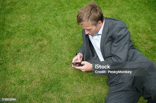 Empresario Controles Smartphone On Green Grass Foto de stock y más banco de imágenes de Actividad de fin de semana - Actividad de fin de semana, Campo - Tierra cultivada, Comunicación