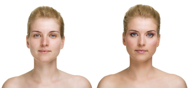 Young woman before and after make up