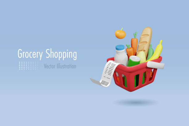 ilustraciones, imágenes clip art, dibujos animados e iconos de stock de alimentos y bebidas en la cesta de la compra con recibo. compras en línea, entrega a domicilio y concepto de supermercado. personaje de dibujos animados vectorial 3d. - supermercado