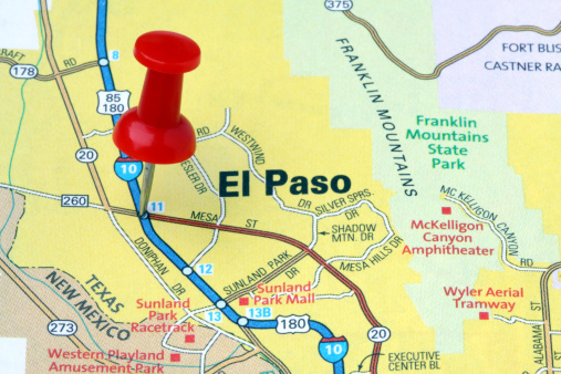 A red pushpin pointing to El Paso, Texas on a map.