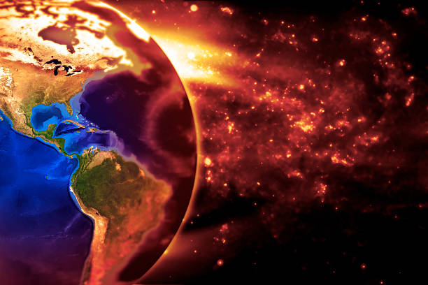 The Earth Slowly Burns - Americas Concept image of the earth Slowly Burning with pollution, showing North central and south america. Earth based on Nasa image. apocalypse stock pictures, royalty-free photos & images