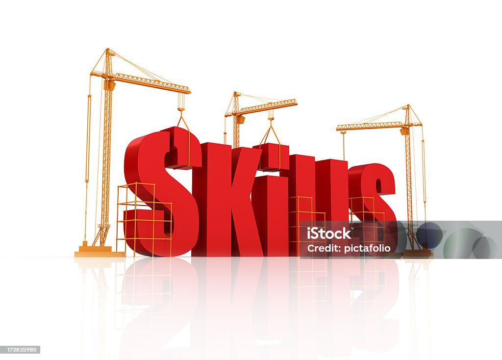 Building and Developing your skills "cranes building SKILLS word, representing business or talent development and so on.. rendered in 3D..Other Word Building.." Three Dimensional Stock Photo