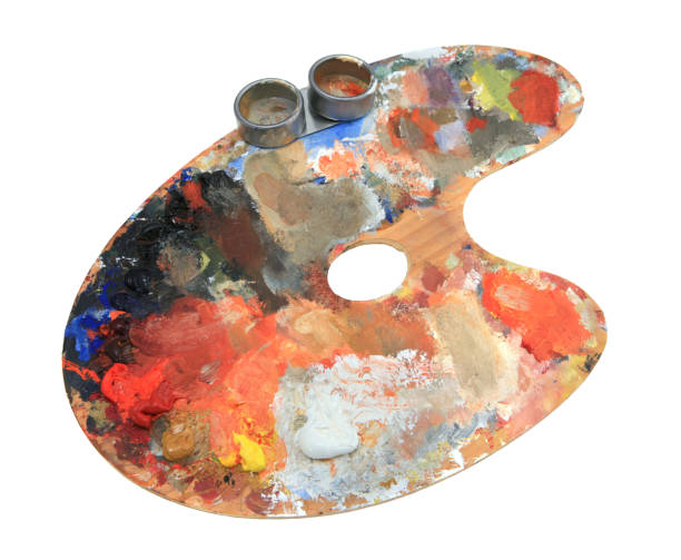 istock Wooden palette with oil paint on white 173836052