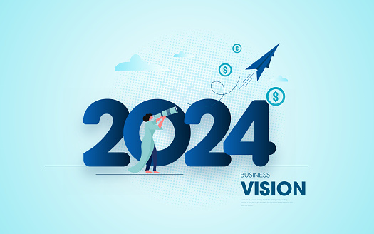 Year 2024 business outlook, forecast or plan ahead, vision for future success, new year goal or achievement, company target or hope concept, businessman climb up on year 2024 to see business outlook. stock illustration